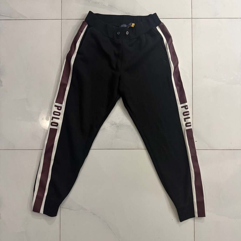 Polo Ralph Lauren Black/Grey Polo Joggers with Maroon and White Side Stripes